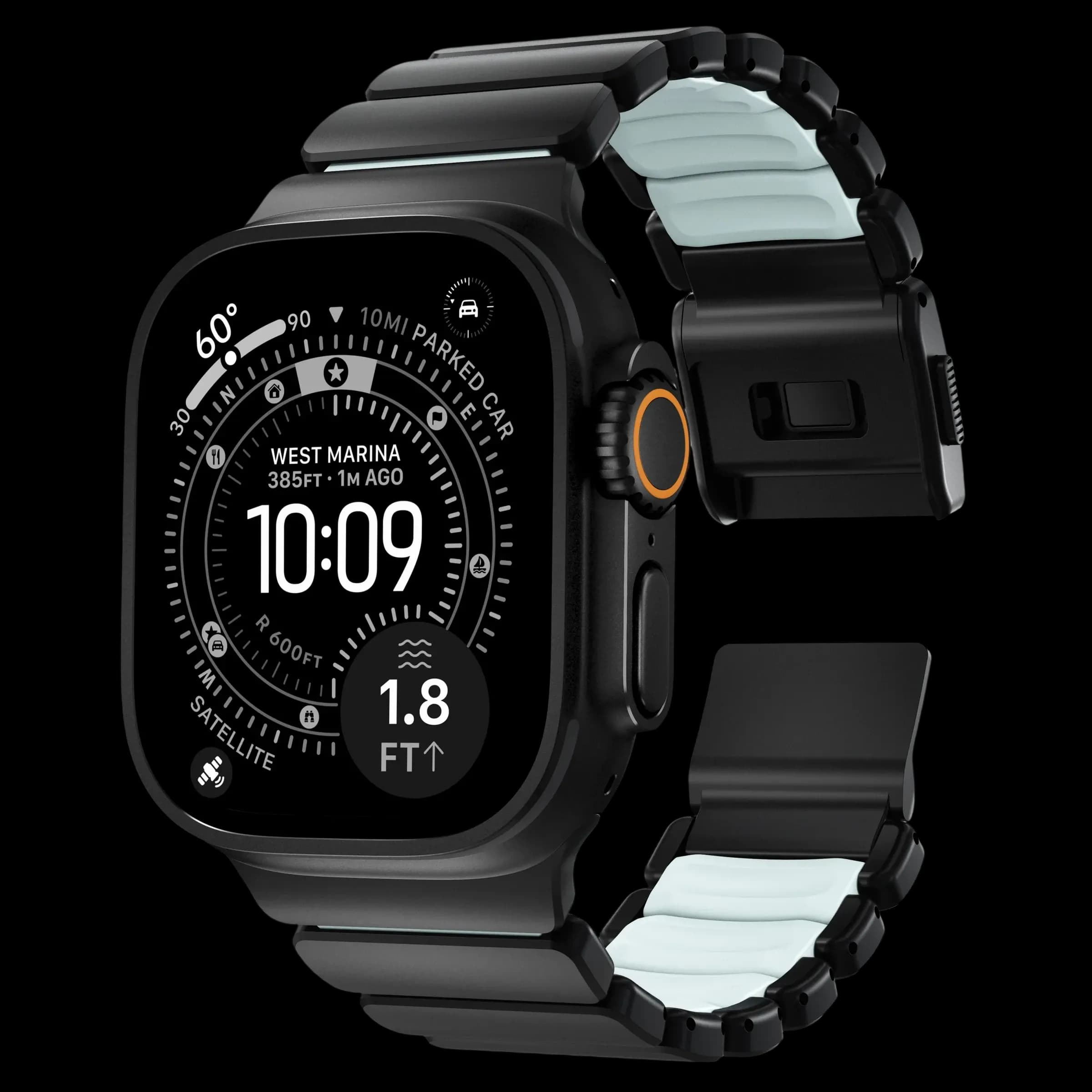 NOMAD Ремінець for Apple Watch 44/45/46/49 mm, Black/Icy Blue Glow