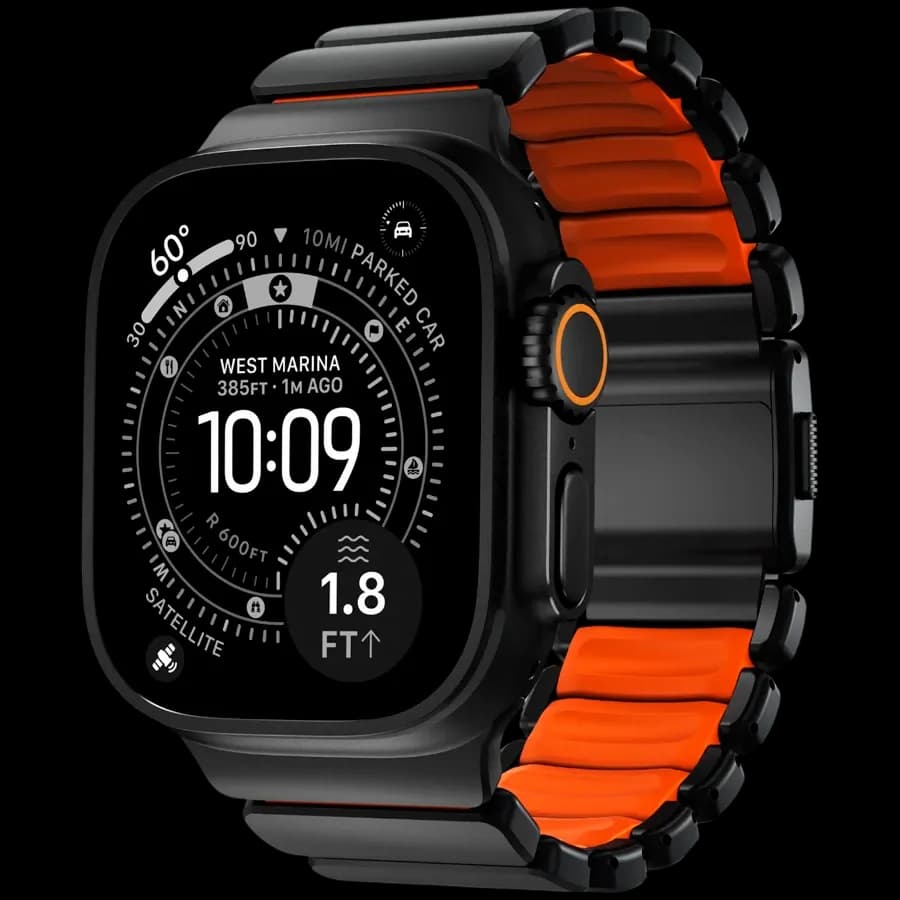 NOMAD Band Extension Stratos Band Black Hardware/Ultra Orange за Apple Watch 44 mmApple Watch 45 mmApple Watch 46 mmApple Watch 49 mm 46/49 mm