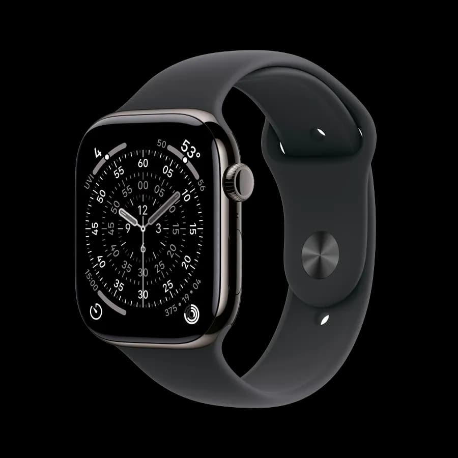 Apple Watch Series 11 GPS + Cellular, Спортивний ремінець чорного кольору, S/M, 46mm, Slate Titanium