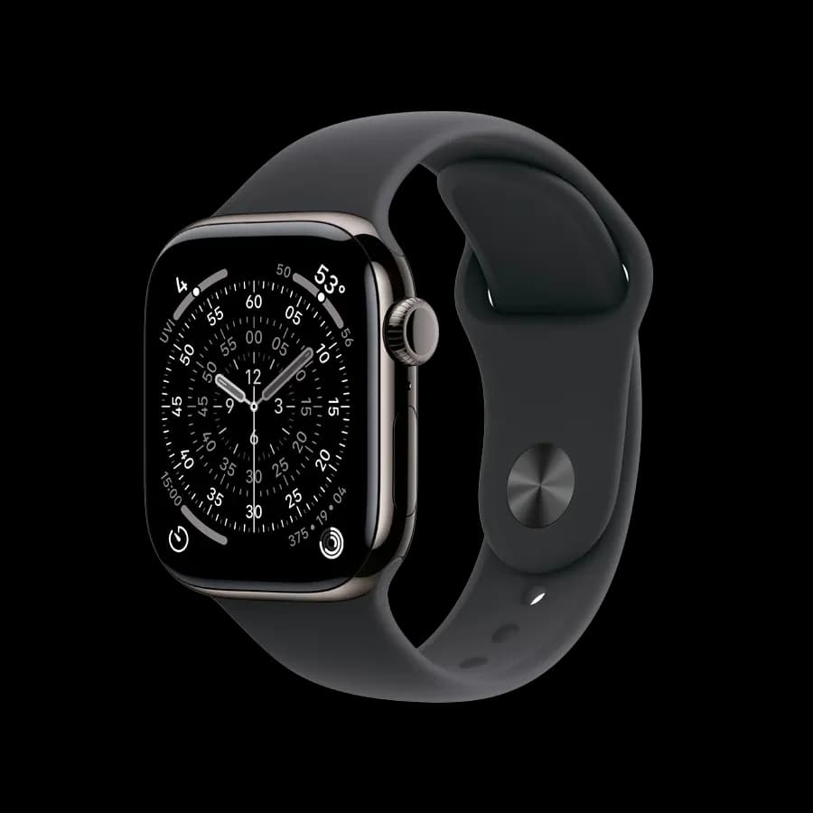 Apple Watch Series 11 GPS + Cellular, Спортивний ремінець чорного кольору, M/L, 42mm, Slate Titanium