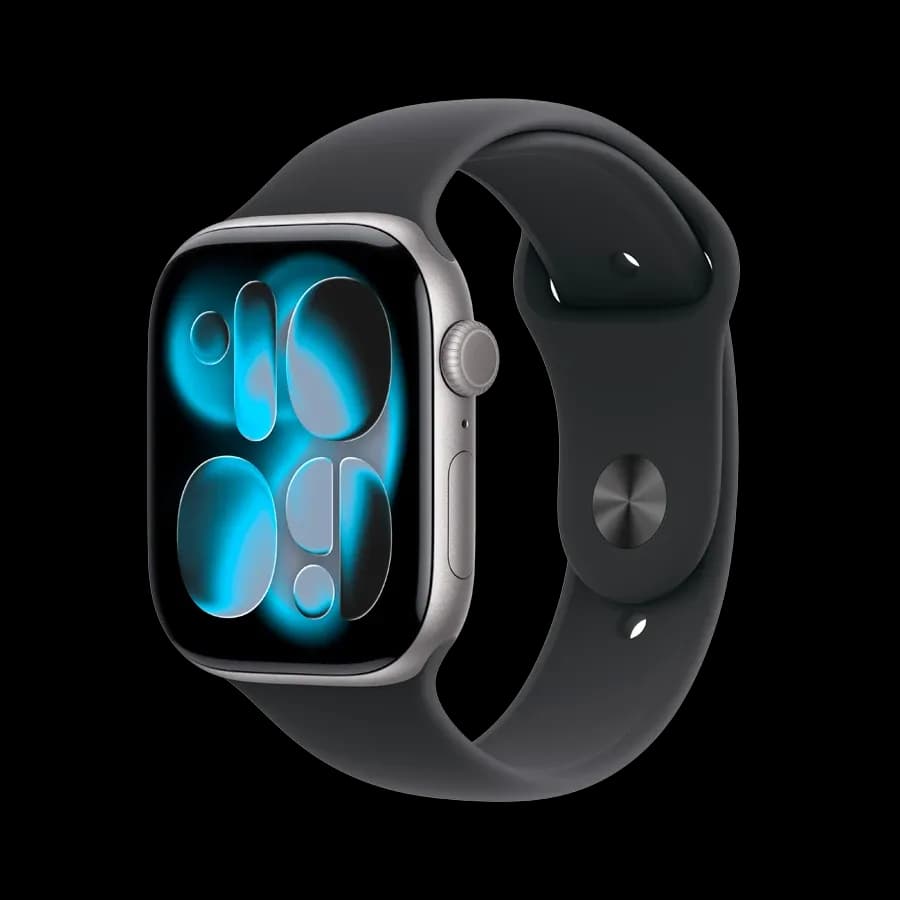 Apple Watch Series 11 GPS, Спортивний ремінець чорного кольору, M/L, 46mm, Space Grey Aluminium